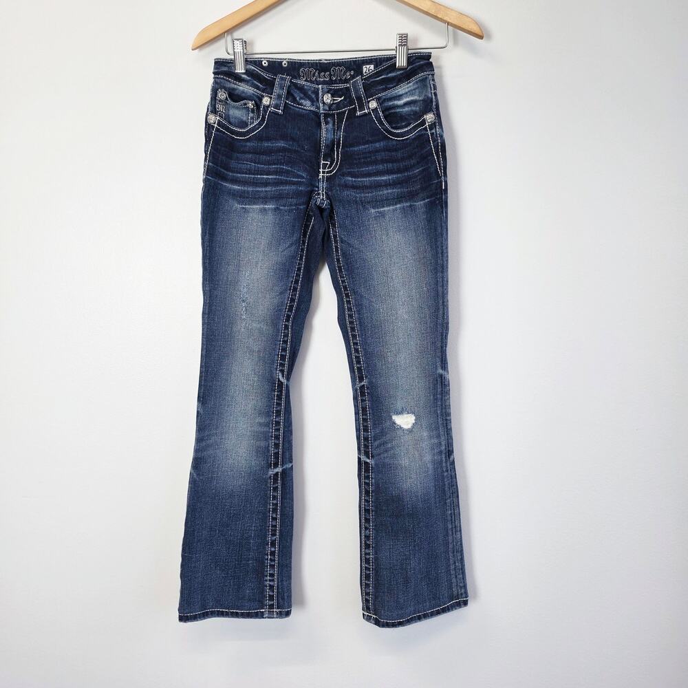 Miss Me Low Rise Distressed Bootcut Jeans 26 Medium Wash Y2K